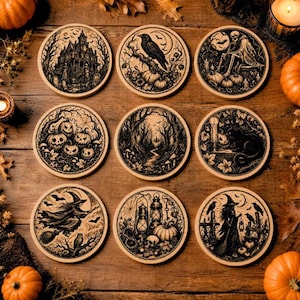 May include: A set of nine circular wooden coasters featuring intricate black ink illustrations of Halloween themes, including a haunted mansion, a raven, a skeleton, jack-o'-lanterns, a dark forest, a black cat, a witch, lanterns, and a graveyard.