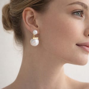 Gold Double Pearl Drop Earrings, Modern Bridal Jewelry
