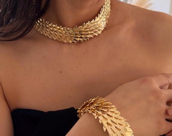 Gold Laurel Leaf Jewelry Set, Necklace and Bracelet, Greek Goddess Style