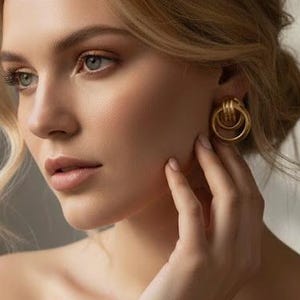 May include: A woman wearing gold-coloured hoop earrings. The earrings have a layered design. She is wearing an off-white sweater. Her blonde hair is styled in a loose updo. The image is well-lit, with soft shadows.