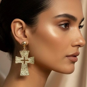 Textured Cross Drop Earrings, Bold Statement Dangle Jewelry, Vintage Inspired Faith Design Gift