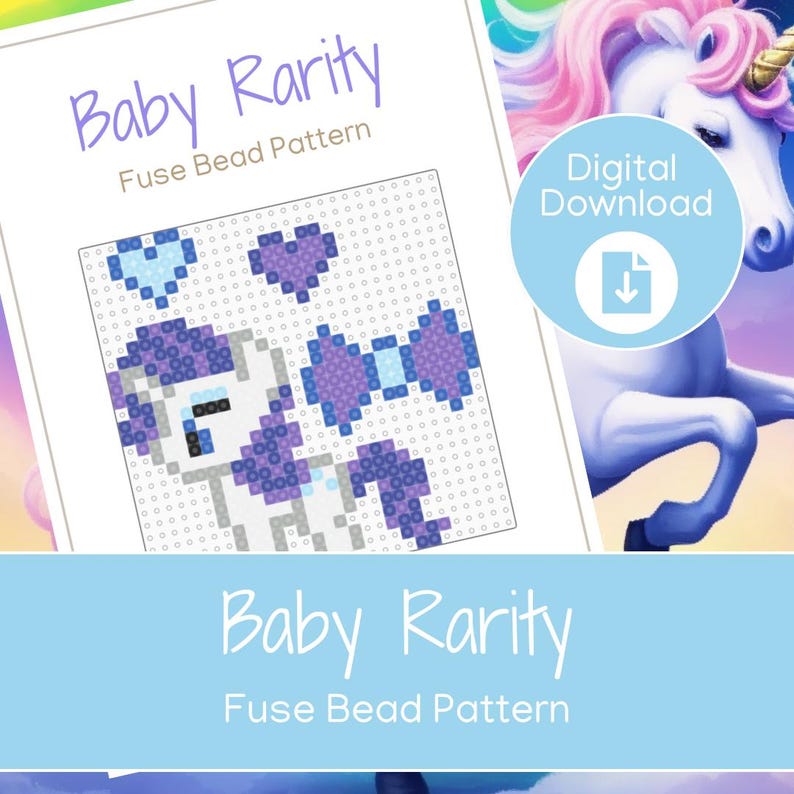 May include: A digital download featuring a fuse bead pattern of "Baby Rarity." The design shows a pixelated image of a unicorn with a purple mane and tail, and a blue bow. The image is on a white background with the words "Baby Rarity" and "Fuse Bead Pattern."