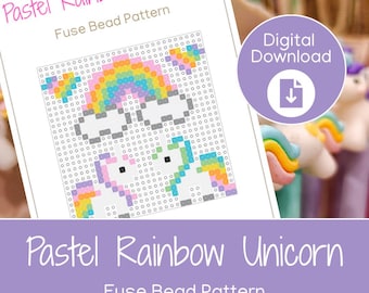 May include: A digital download featuring a pastel rainbow unicorn fuse bead pattern. The design includes a rainbow and two unicorns in a pixelated style. The text "Pastel Rainbow Unicorn" and "Fuse Bead Pattern" are displayed on the image.