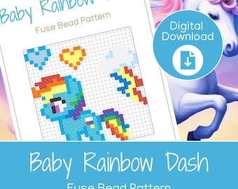 May include: A digital download featuring a fuse bead pattern of Baby Rainbow Dash. The design includes a pixelated image of a blue pony with a rainbow mane and tail, hearts, and a sun. The image also includes a unicorn and the words "Digital Download."