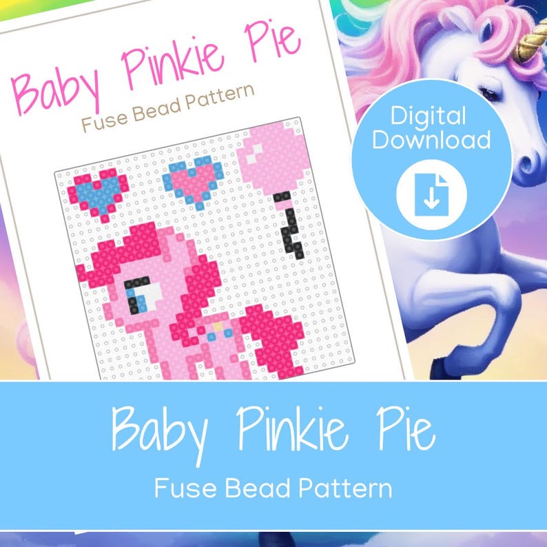 May include: A digital download fuse bead pattern featuring a pixelated image of Baby Pinkie Pie holding a balloon. The design includes pink, blue, and black beads. The words "Baby Pinkie Pie" and "Fuse Bead Pattern" are displayed.