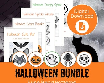 May include: A Halloween-themed digital download bundle featuring fuse bead patterns. The image includes patterns for a bat, pumpkin, ghost, spider, skull, and other spooky designs. The text "Halloween Bundle" is displayed in orange.