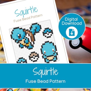 May include: A white paper with a blue and brown pixelated design of Squirtle, a character from the Pokemon franchise. The text "Squirtle Fuse Bead Pattern" is displayed in blue. A digital download icon is in the upper right corner.