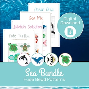 May include: A digital download bundle of fuse bead patterns featuring sea-themed designs. The collection includes sheets titled Ocean Orca, Sea Mix, Jellyfish Collection, and Cute Turtles, with circular icons displaying pixelated orca, whale, fish, and turtle motifs.