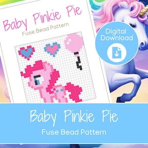 Peut inclure: Un modèle de perles à repasser téléchargeable numériquement intitulé "Baby Pinkie Pie". Le motif présente un poney rose pixélisé tenant un ballon, avec des cœurs bleus. Une icône de téléchargement numérique est visible.