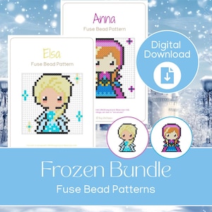 Può includere: Download digitale di modelli di perline a fusione a tema Frozen. L'immagine mostra modelli per Elsa e Anna, con una combinazione di colori blu e bianco. Il testo "Frozen Bundle" e "Fuse Bead Patterns" è visualizzato.