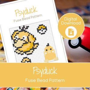 May include: A digital download fuse bead pattern featuring a pixelated yellow Psyduck character and a small Poké Ball icon. The document includes the text Psyduck Fuse Bead Pattern in a clear font, presented on a white background with a yellow banner.