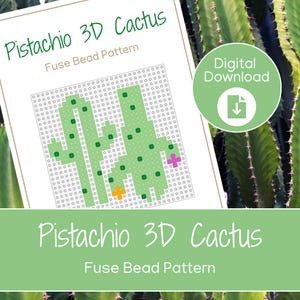 May include: A digital download pattern for a 3D cactus fuse bead project. The design features a light green cactus with dark green and colorful accents. The text "Pistachio 3D Cactus" and "Fuse Bead Pattern" are displayed on the pattern.