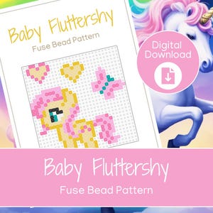 May include: A digital download featuring a fuse bead pattern of Baby Fluttershy. The pattern shows a pixelated image of the character with pink, yellow, and teal beads. A pink circle with the words "Digital Download" and a download icon is also visible.