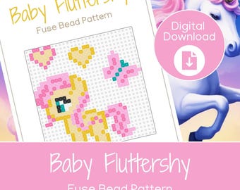 May include: A digital download featuring a fuse bead pattern of Baby Fluttershy. The pattern shows a pixelated image of the character with pink, yellow, and teal beads. A pink circle with the words "Digital Download" and a download icon is also visible.