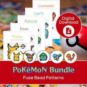 May include: A digital download bundle of Pokémon fuse bead patterns. The image shows patterns for Pikachu, Eevee, Bulbasaur, Squirtle, and Charmander. The patterns are on white cards. A red circle with "Digital Download" is also visible.