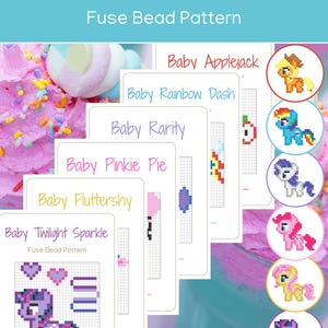 May include: A bundle of My Little Pony fuse bead patterns. The image features several pattern sheets with pixelated designs of the ponies, including Baby Applejack, Baby Rainbow Dash, and Baby Twilight Sparkle. The background is a light blue with pink and purple accents.