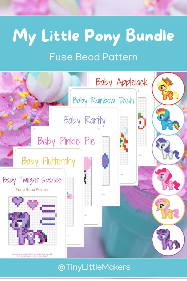 May include: A bundle of My Little Pony fuse bead patterns. The image features several pattern sheets with pixelated designs of the ponies, including Baby Applejack, Baby Rainbow Dash, and Baby Twilight Sparkle. The background is a light blue with pink and purple accents.