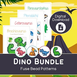 Può includere: Download digitale con modelli di perline a fusione a tema dinosauri. L'immagine include diversi fogli modello con nomi di dinosauri come Brachiosaurus e Parasaurolophus, insieme a un titolo "Dino Bundle" e icone di dinosauri.
