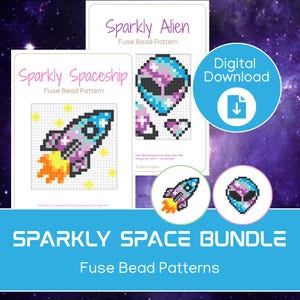 以下が含まれることがあります： 宇宙をテーマにしたデジタルフューズビーズパターンのバンドル。パターンには、キラキラ光るエイリアンと宇宙船が含まれており、デジタルダウンロードアイコンが付いています。「Sparkly Space Bundle」と「Fuse Bead Patterns」のテキストも表示されています。