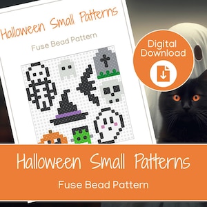 Peut inclure: Un téléchargement numérique avec des motifs de perles à repasser sur le thème d'Halloween. Les motifs incluent un fantôme, une pierre tombale, un chapeau de sorcière, une citrouille et d'autres motifs effrayants. L'image comprend également un chat noir aux yeux orange et un fantôme.
