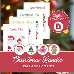 Puede incluir: Un paquete navideño de patrones de cuentas de fusibles. La imagen muestra cuatro hojas de patrones: "Gingerbread", "Christmas Mix", "Christmas Trees" y "Santa Mix". El paquete es una descarga digital. El texto "Christmas Bundle Fuse Bead Patterns" está en la parte inferior.