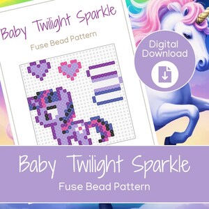 May include: A digital download featuring a fuse bead pattern of Baby Twilight Sparkle. The design includes a pixelated image of the character with purple, pink, and white beads. The image also includes a graphic of a unicorn with a pink mane and a gold horn.