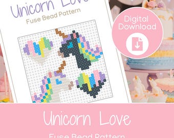 May include: A digital download titled "Unicorn Love Fuse Bead Pattern" featuring pixelated unicorn designs in pastel colors. A pink circle with "Digital Download" and a download icon is visible. The image is set against a blurred background with a cake.