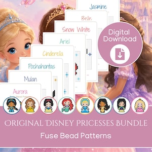 Puede incluir: Un paquete de descarga digital de patrones de cuentas fusibles con ocho personajes de princesas. El conjunto incluye tarjetas impresas con los nombres Jasmine, Belle, Snow White, Ariel, Cinderella, Pocahontas, Mulan y Aurora, junto a iconos pixelados.