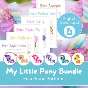 May include: A digital download bundle of My Little Pony fuse bead patterns. The image features six different patterns, each with a pony design. The patterns are labeled with the pony's name, such as "Baby Applejack" and "Baby Twilight Sparkle."