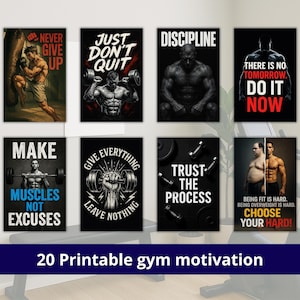 Pode incluir: Uma coleção de oito cartazes motivacionais com fundos pretos e texto branco. Os cartazes apresentam imagens de pessoas a fazer exercício e frases como "Never Give Up", "Just Don't Quit" e "Choose Your Hard!". A parte inferior da imagem diz "20 Printable gym motivation".
