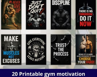 Pacote de pôsteres motivacionais para academia - Download digital de arte de parede fitness para academia em casa, sala de ginástica, citações de fitness para impressão