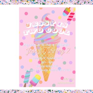 Two Cool 2nd Birthday Invitation | Ice Cream Theme Party Invite | Editable Girl Birthday Digital Download | Pink Pastel Printable