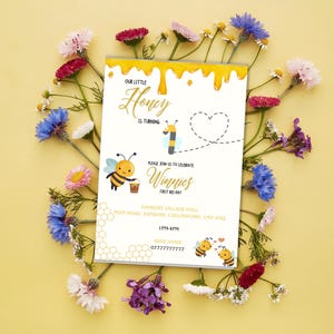 Bee-Day First Birthday Invitation | Honey Bee 1st Birthday Party Invite | Editable Digital Download | Girl First Birthday Printable