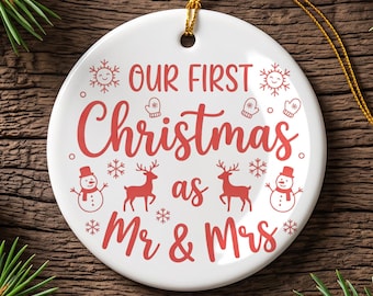 Personalized First Christmas Ceramic Ornament, Our First Christmas as Mr and Mrs, Newlywed Couple Gift, Wedding Keepsake