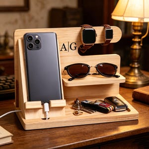 Op de afbeelding: Een bureau-organizer van lichtgekleurd hout met een verticale standaard voor een smartphone inclusief oplaadkabel, een plankje voor een zonnebril, een haak voor twee polshorloges en een bakje voor sleutels en kleine voorwerpen, gegraveerd met A|G.