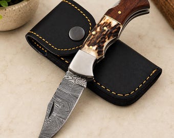 Coltello tascabile da uomo in acciaio di Damasco, fatto a mano – Coltello pieghevole da 16,5 cm con fodero, blocco posteriore, ideale per l'uso quotidiano, campeggio, pesca ed escursionismo.