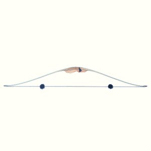 May include: A recurve bow featuring a light-colored wooden riser with a central grip section and a dark string. The bow limbs curve outward, and the string includes two dark, fuzzy silencers positioned symmetrically along the length of the cord.