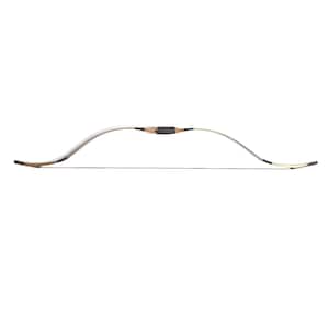 Peut inclure: Un arc recurve traditionnel avec un design incurvé. L'arc présente une poignée noire, un cœur en bois de couleur claire et une corde d'arc noire. Les membres sont blancs avec un accent doré. L'arc est conçu pour le tir à l'arc.