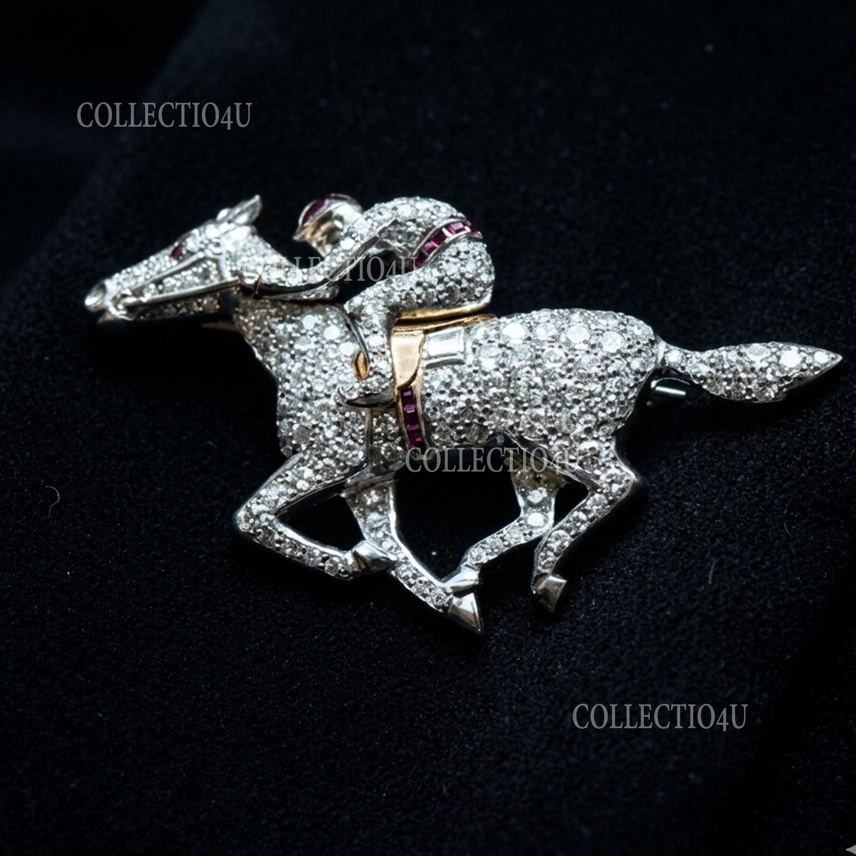 Running Horse Rider Brooch Pin, White Diamond Antique Jewelry 925 Silver