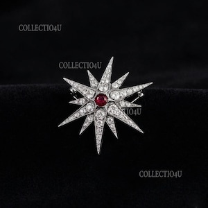 Peut inclure: Une broche en forme d'étoile avec une pierre précieuse rouge ronde au centre, entourée de multiples rayons argentés incrustés de pierres blanches transparentes. Le texte COLLECTIO4U est visible à plusieurs endroits sur l'image.