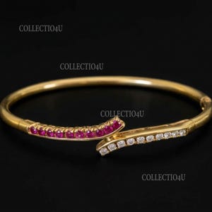 3Ct Ruby & Moissanite Bypass Bangle Bracelet, 14K Gold Plated 925 Sterling Silver, Birthstone Jewelry, Elegant Gemstone Bangle for Her