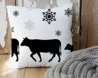 Farmhouse Christmas Pillow, Black & White Cow and Snowflake Holiday Decor