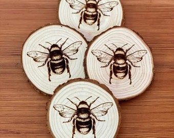 Live Edge Wood Bee Coasters: Laser Engraved Drink Coasters