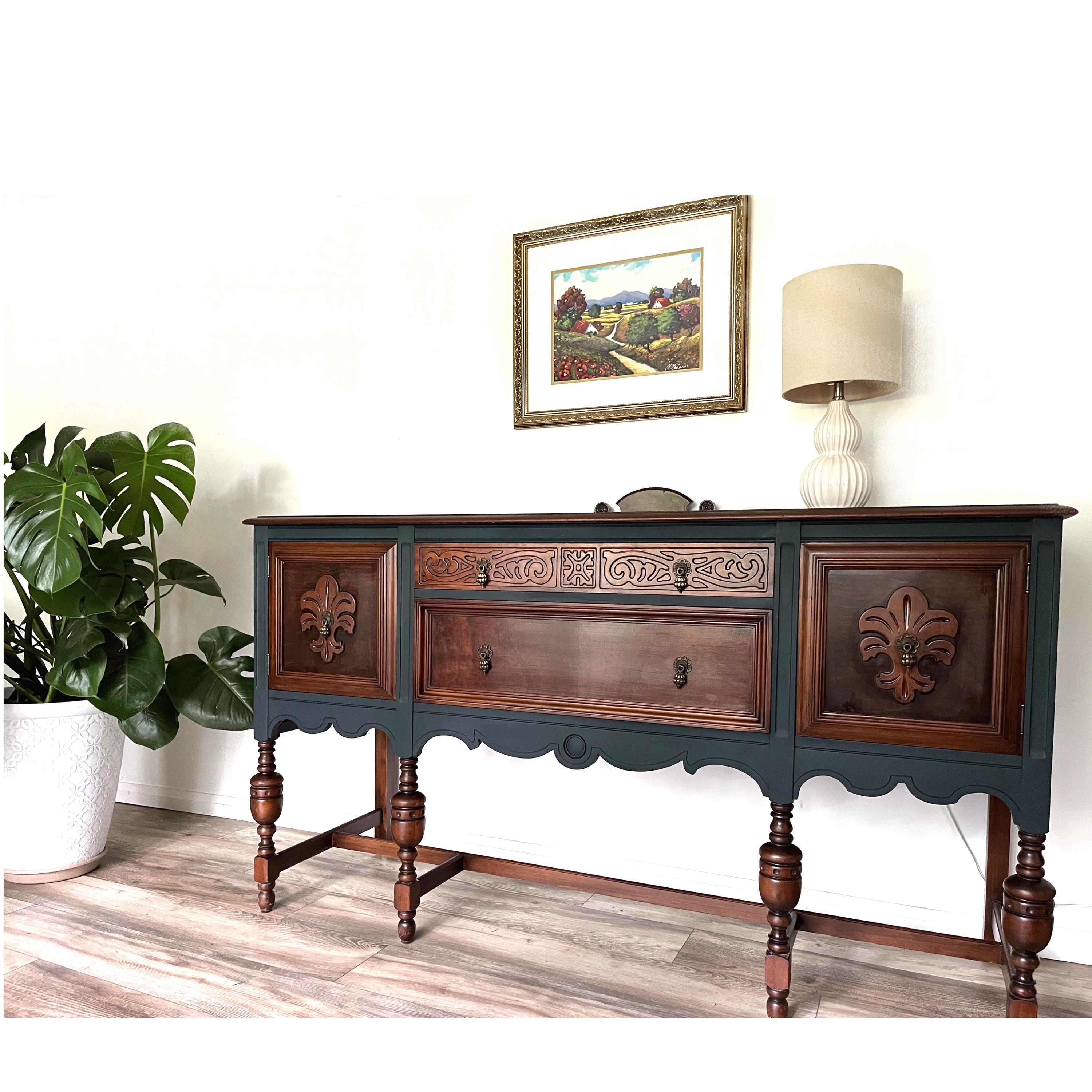 Jacobean Buffet, Vintage Farmhouse Makeover, Rustic Home Decor, Refinished Wood Buffet