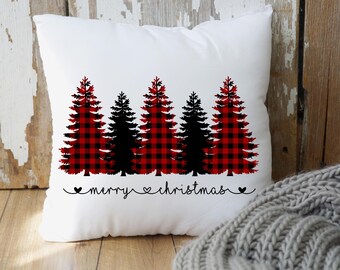 Gingham Christmas Tree Pillow, Red and Black Plaid Holiday Decor