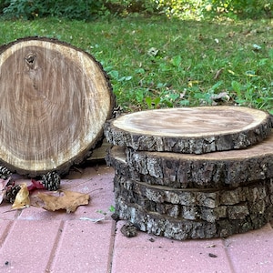 May include: A set of five wood slices, each with a natural bark edge. The slices are stacked on top of each other, with the largest slice on the bottom and the smallest slice on top. The wood is a light brown color with a natural grain pattern.