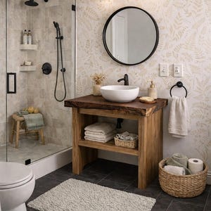 May include: Bathroom interior with a wooden vanity, round mirror, and glass shower. The vanity has a white sink, and the walls are decorated with a leaf pattern. A fluffy rug and a woven basket add texture to the space.