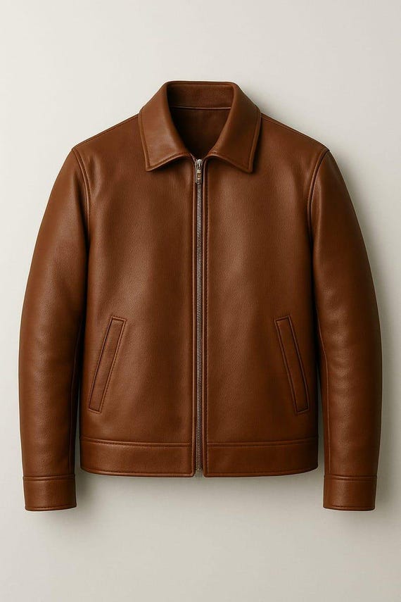 Men’s Genuine Leather Jacket – Classic Brown & Black Zip-Up Outerwear