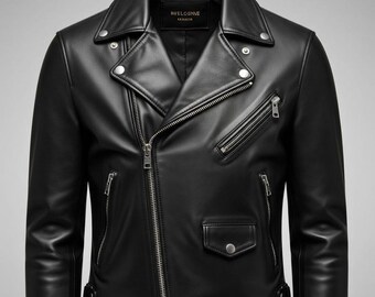 May include: A black leather jacket with a classic biker style. Features include an asymmetrical zipper closure, multiple zippered pockets, a small snap pocket, and a notched lapel. The jacket has silver hardware and a label that reads "WELOGNNE MARIA".