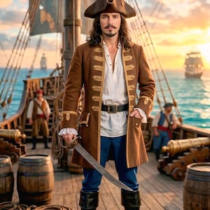 May include: A pirate costume featuring a brown long coat with gold trim, a white button-down shirt, blue trousers, a black belt, and a brown tricorn hat. The outfit includes black knee-high boots and a silver-toned sword with an ornate hilt.